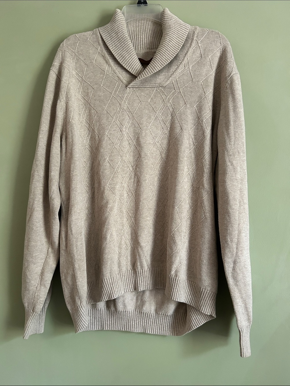 Perry Ellis Men's Beige Shawl Collar Sweater Diamond Knit Pullover Size L